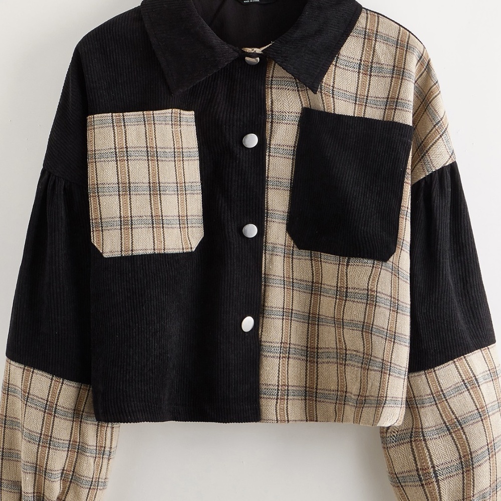 Corduroy plaid puff sleeve boyfriend jacket coat - Picture 7 of 7
